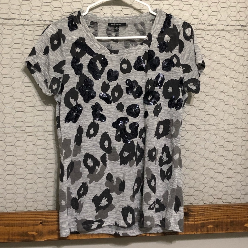 Sequined Leopard Print T Shirt Black/Gray